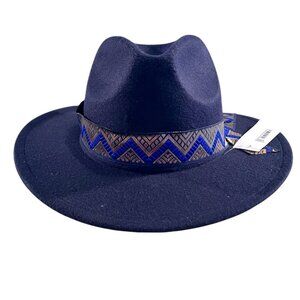 Navy Blue Fedora Hat with Patterned Band